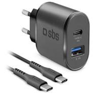 SBS Caricabatterie da Viaggio 18W Fast Charge per iPhone, Samsung, Oppo, Xiaomi, Kit di Ricarica con Caricatore Power Delivery e Cavo USB-C a USB-C (AZ)