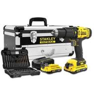 Stanley KIT: Trapano a percussione V20 Li-Ion 18V SFMCD711 + Set da 50 pezzi con 2 batterie Li-Ion 2Ah, caricatore 2A e cassetta degli attrezzi in metallo con cassetto, multicolore (AZ)
