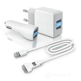 Kit caricabatterie da rete/auto Dual USB + cavo 2 in 1 Micro USB e connettore Apple 30pin