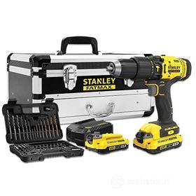 Stanley KIT: Trapano a percussione V20 Li-Ion 18V SFMCD711 + Set da 50 pezzi con 2 batterie Li-Ion 2Ah, caricatore 2A e cassetta degli attrezzi in metallo con cassetto, multicolore (AZ)