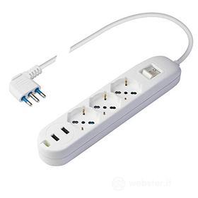 Poly Pool PP2526 Multipresa 3 Prese Pluristandard (16A+10A+schuko) - 2 Prese USB 2.4A per Carica Veloce ? Cavo Alimentazione 1,5 m - Spina Salvaspazio 16A 2P+T - Interruttore Luminoso - Bianco (AZ)