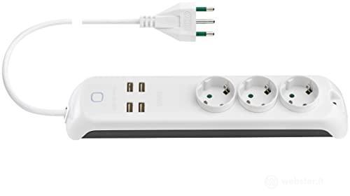 Vimar 00447.CC.B Multipresa smart Wifi, compatibile con Alexa e Google home, 3 uscite Schuko, 4 USB A, spina 16A, controllo vocale o remoto con App View (AZ)